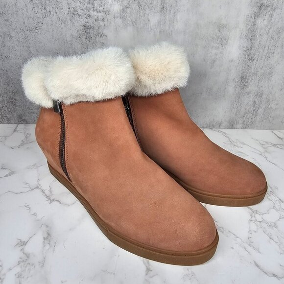 Linea Paolo Womens Faux Fur Trim Side Zipper Suede Wedge Ankle Booties Brown 9M - Picture 5 of 10